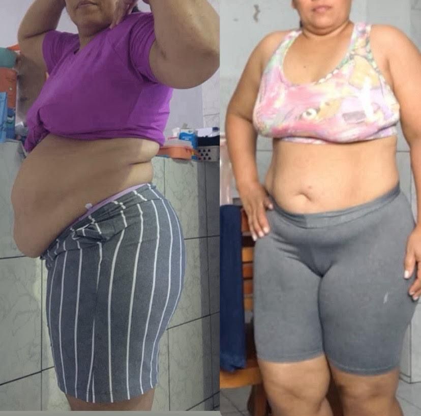 Antes e depois de aluna da comunidade, com a barriga menor e a postura mais firme na foto da direita