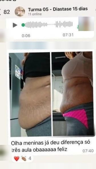 Print do grupo de WhatsApp com foto de antes e depois da barriga e a mensagem: olha meninas, já deu diferença, só três aulas