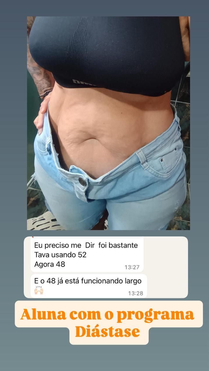 Print de aluna do programa mostrando a calça jeans que vestiu, relatando que usava manequim 52 e agora o 48 está largo